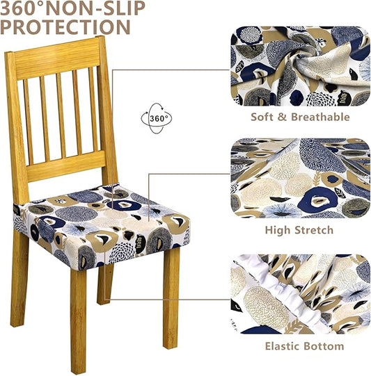 Stretch Dining Chair Seat Covers Set of 6,Dining Chair Slipcovers, Floral Printed Chair Covers,Soft Fabric Washable Upholstered Chair Seat Protector, No Rear Covers for Home Kitchen Dining Room
