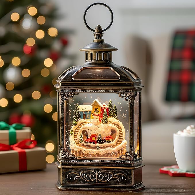 Christmas Snow Globe Lantern Water Glittering Snowman & Train with Music, USB Lined/Battery Operated Lighted Lantern for Christmas Festival Decoration Gifts