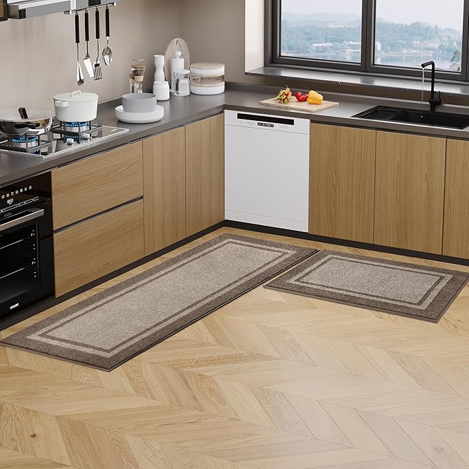 Kitchen Rugs Set (24" x 36"+24" x 60"), Non-Slip Machine Washable Kitchen Runner Rugs Floor Mats, Absorbent Comfort Standing Mats for Kitchen, Sink and Hallway, Rolled Packaging, Beige & Grayish Brown