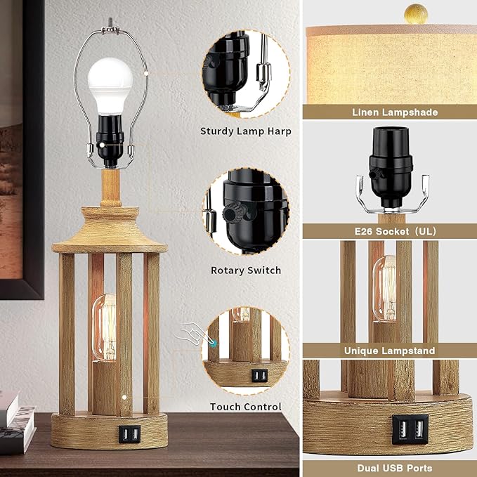 Touch Control Farmhouse Table Lamp Set of 2 with 2 USB Ports, 3 Way Dimmable Bedside Lamps with 2 LED Nightlight,Rustic Nightstand Lamps for Bedroom, Living Room Office (4 LED Bulbs Included)