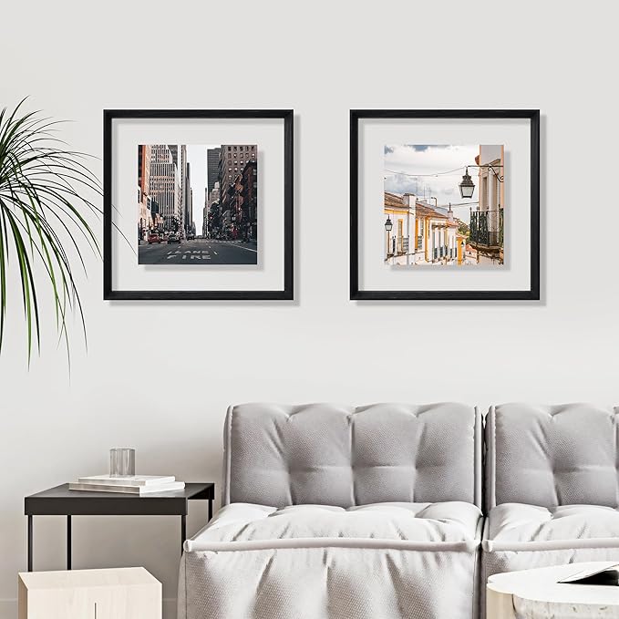 12x12 Floating Frames 2 Pack Wooden Photo Frame Double Sided Glass Picture Frame for Any Size Picture up to 12x12, Wall Mount or Tabletop Displays, Double-edged Frames, Black