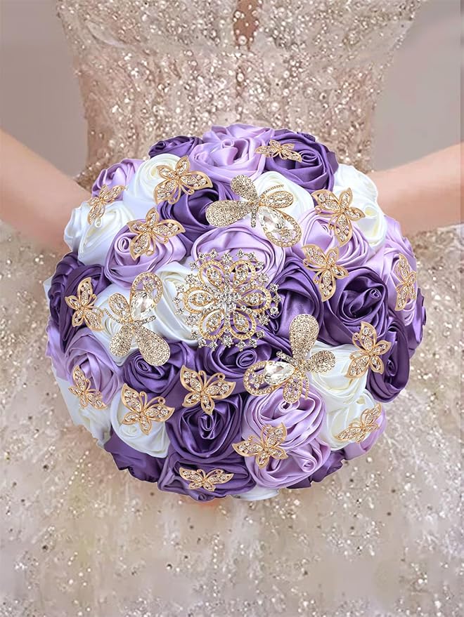 Handmade Floral Satin Rose Butterfly Shape Rhinestone Bridal Bouquet Luxury Golden Rhinestone Artificial Flowers for Wedding