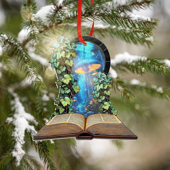 GEEMBI Book Lovers Gifts for Women - 2D Flat (Not 3D) Suncatcher Mushroom Christmas Ornaments 2025 - Bookish Gift for Readers Librarian, Christmas Ornament Gifts for Teacher, Fantasy Xmas Decorations
