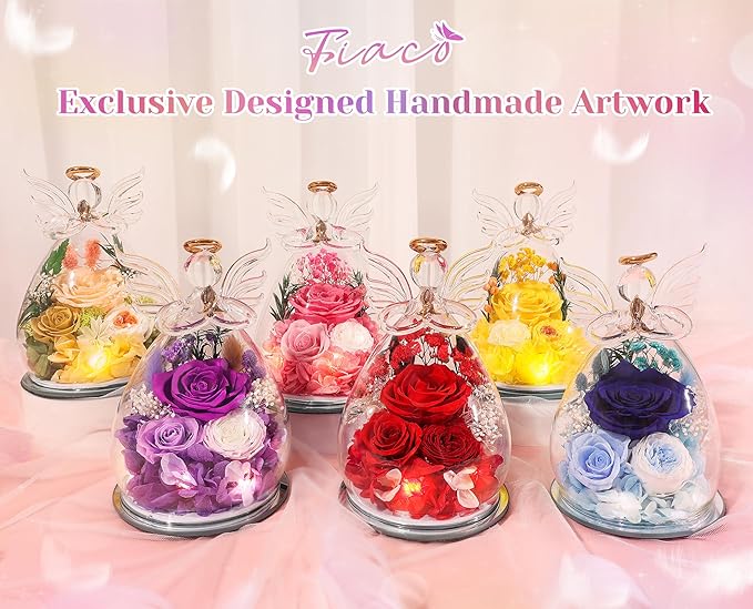 Gifts for Women Preserved Rose Forever Flower in Glass Angel Figurines Fresh Flowers for Delivery Prime Mothers Day Birthday Gifts for Mom Real Pink Roses for Grandma Sister Wife Her from Daughter