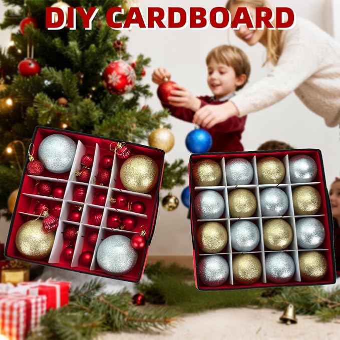 inin Christmas Ornament Storage Box with Adjustable Dividers,Christmas Ornaments Organizer with Zippered Top,Storage Container Bin for Holiday Decorations(64 Ball, Red, with Tray)