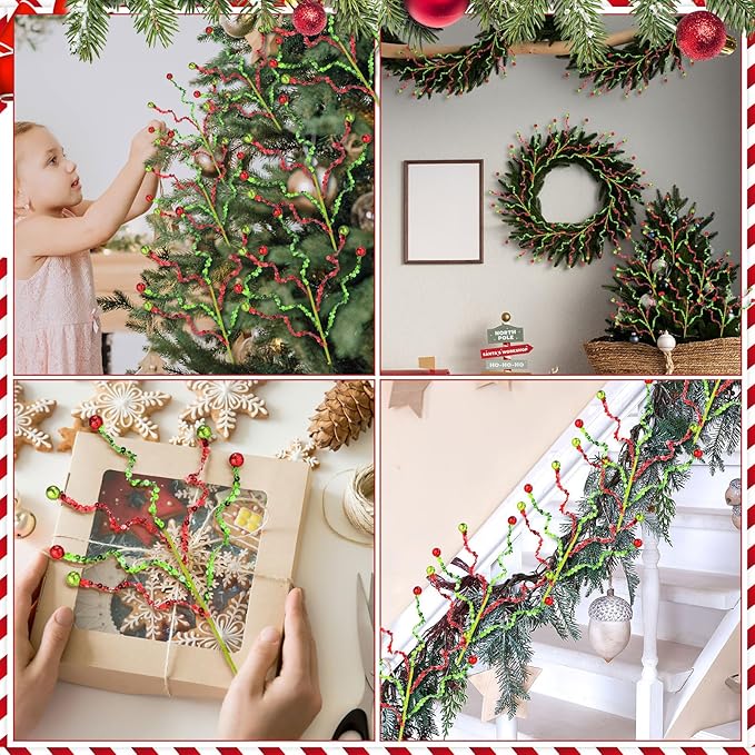 Norme 12 Pcs Red and Green Christmas Glitter Ball Tree Picks and Spray Christmas Tree Topper Decoration 13.8 Inch Artificial Glittery Curly Stem Twigs Branches for Xmas Vase Filler Craft Supplies