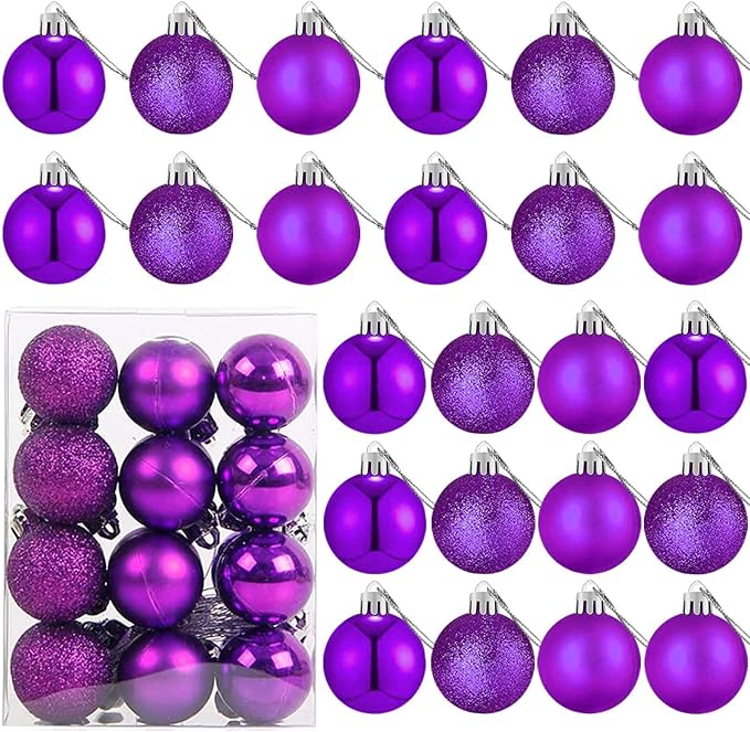 24 Count Small Purple Christmas Ornaments Balls, Mini Ornaments for Mini Christmas Tree, Small Shatterproof Valentine Tree Decorative Hanging Bulbs Ball for Xmas Outdoor Party Decorations, 1.6 inch