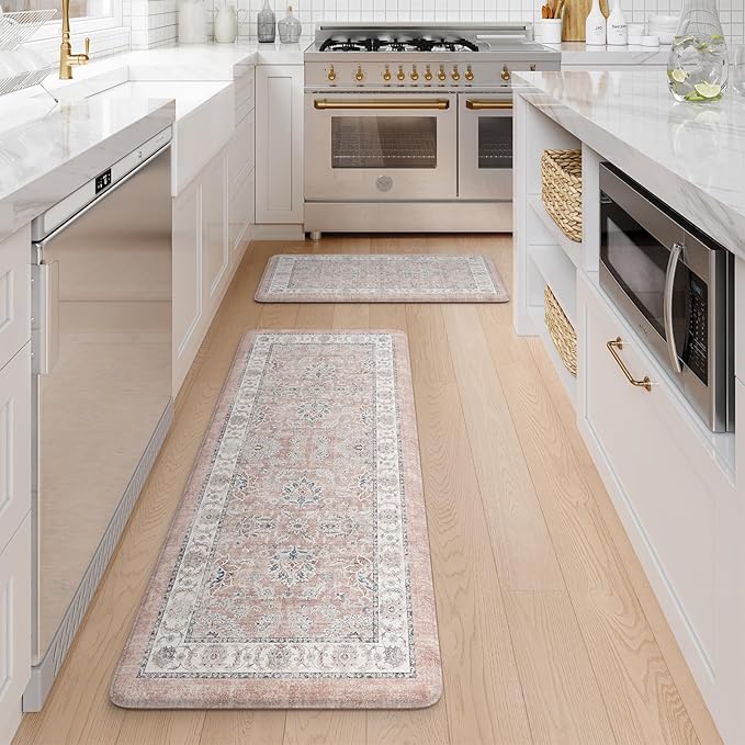 KIMODE Anti Fatigue Mats for Kitchen Floor, Boho Floral Kitchen Rugs Sets of 2, Cushioned Kitchen Floor Mats, Comfort Standing Desk Mat for Sink, Laundry, Desk Pink Multi 17"x29.5"+17" x47”