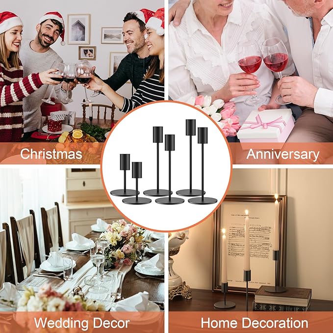 Set of 6 Black Taper Candle Holders Candlestick Holders, Decor Candle Stick Candle Holder for Table or Mantel Centerpiece, Wedding, Dinning, Party Home Decor