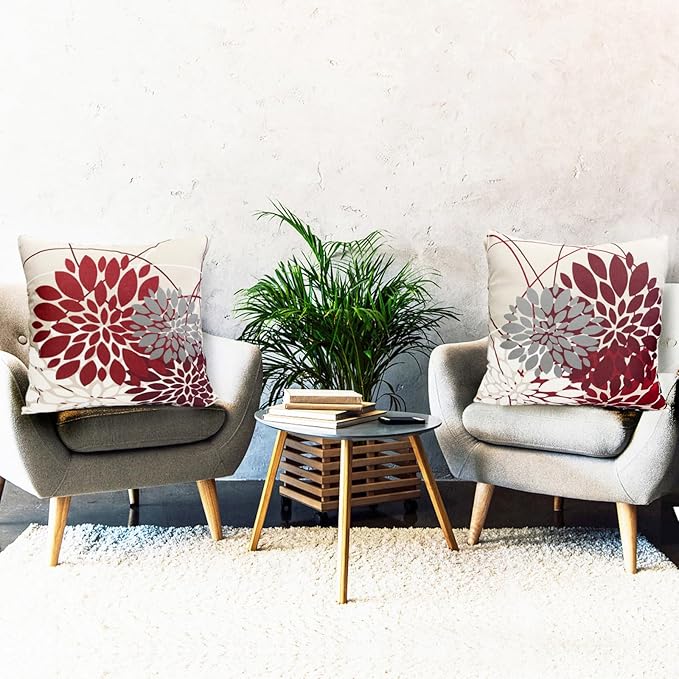 Decorative Throw Pillow Covers Set of 2 Wine Red Pillow Covers 22x22 inch Linen Square Pillow Cases,Farmhouse Modern Geometric Floral Outdoor Pillow Cover for Couch Sofa Living Room Bedroom
