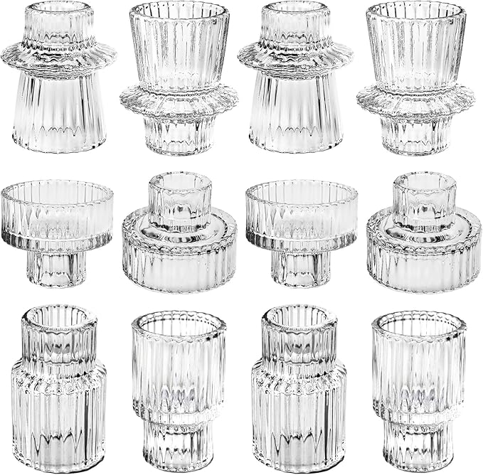 Clear Candlestick Holders 12PCS Ribbed Glass Taper Candle Holders for Tealight Stick Candles Table Centerpieces Thanksgiving Christmas Indoor and Outdoor Decorations