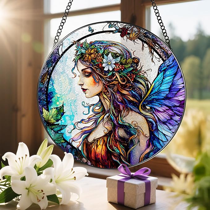 Stained Glass Window Hanging, LAOWEIKI 8'' Fairy Suncatcher, Stained Glass Ornament, Suncatchers for Windows Hanging, Window Decor, Outdoor or Indoor, Gifts for Women, Bestie, Friends