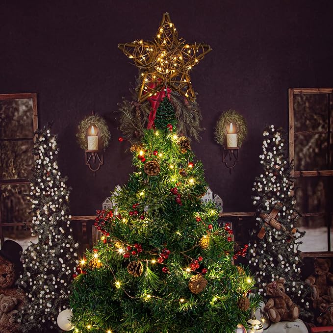 Rattan Natural Star Christmas Tree Topper - Rustic Farmhouse Xmas Treetop with 50 Warm LED Lights for Indoor Christmas Tree Decorations Holiday Seasonal Decor