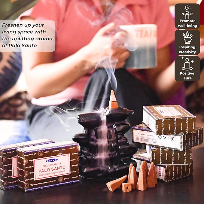 Palo Santo Backflow Incense Cones for Waterfall Aromatic Smoke Fountain Haze Falls and Mat Bundle - Pack of 6