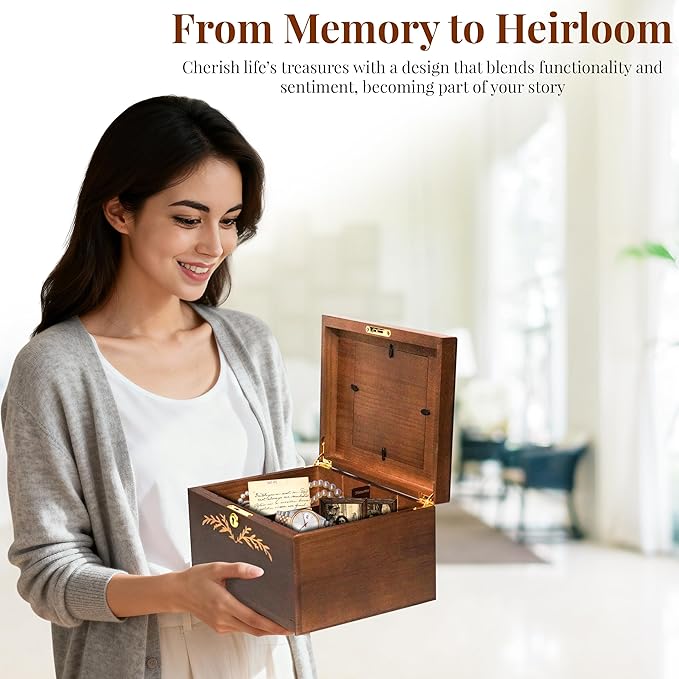 Wedding Keepsake Box With Lock, Large Memory Box for Keepsakes | Decorative Large Wooden Storage Box, with Heart frame Photo Keepsake Box, Baby Memory box | Wooden Gift Boxes-11×8.5×5in