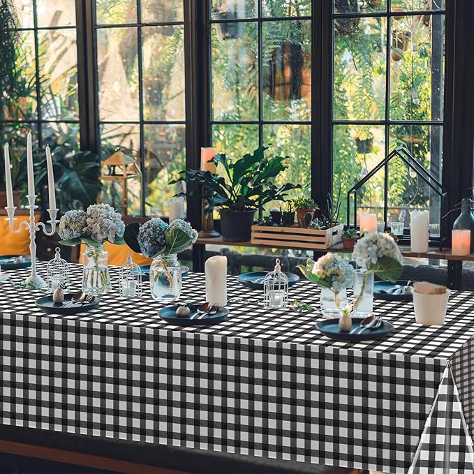 6Pcs Black and White Gingham Tablecloth Decorations, Disposable Plastic Black Checkered Tablecloth Buffalo Plaid Table Cover for Baby Shower Bridal Wedding Birthday Party Supplies,54 x 108 Inch