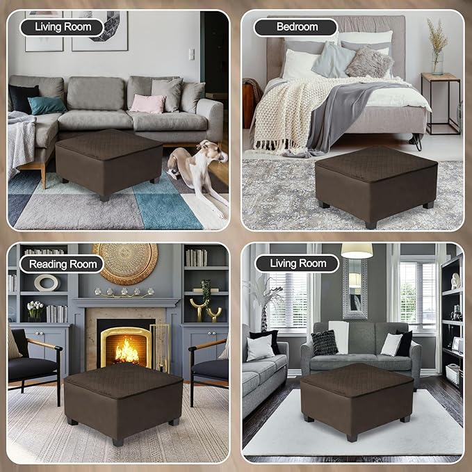 NeColorLife Waterproof Square Ottoman Cover, Thick Stretch Velvet Slipcover for Footstool, Non-Slip Soft Furniture Protector for Pets and Dogs,Coffee,Small