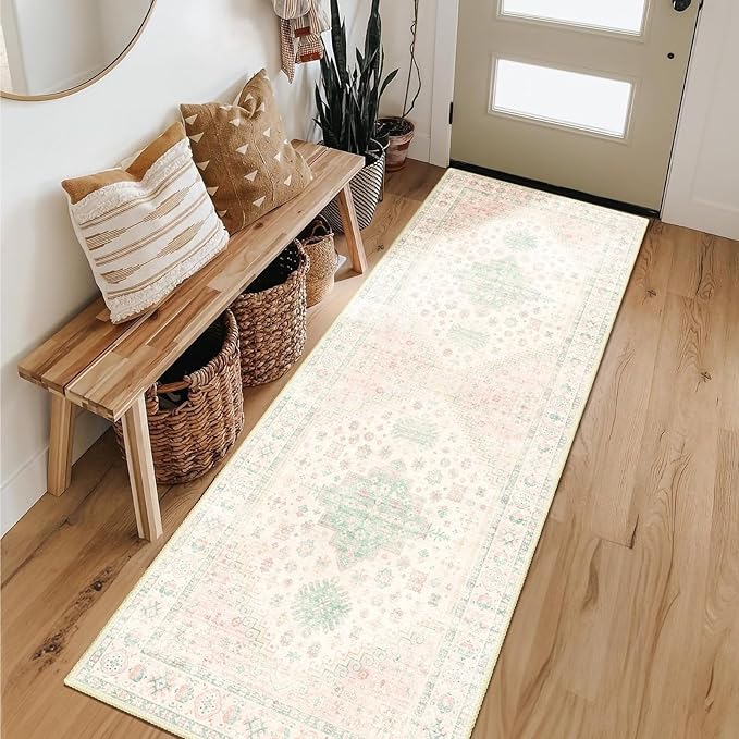 MUJOO Washable Runner Rug,2x6 Runners for Kitchen Bathroom Hallway Bedroom Entryway Laundry,Non Slip Long Mat Indoor,Boho Throw Carpet Low Pile Light Pink and Green