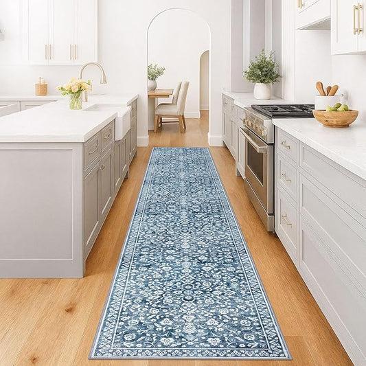 Vintage Runner Rugs for Hallway 3x16, Blue and White Washable Long Hallway Runner Rug Non Slip, Super Soft Kitchen Runner Rug, Print Faux Wool Floral Thin Carpet Hall Runner
