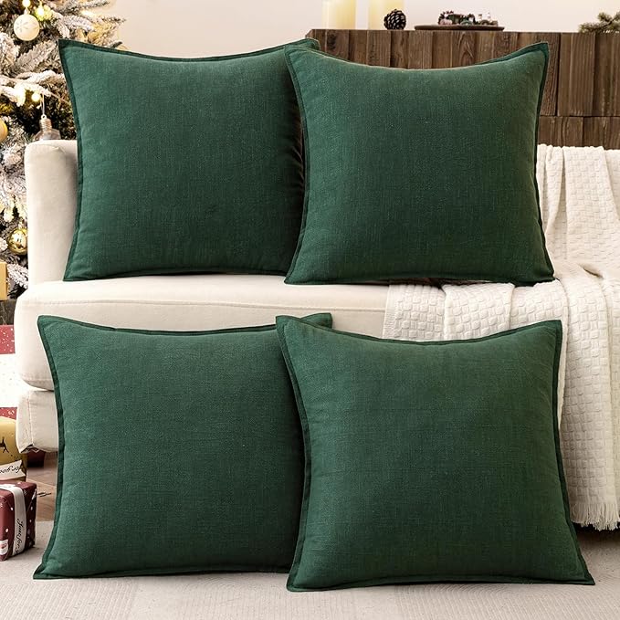 MIULEE Christmas Green Linen Pillow Covers Pack of 4 Decorative Natural Solid Throw Pillow Covers Soft Accent Boho Farmhouse Couch Pillowcases Modern Home Decor for Living Room Bed Sofa 18x18 Inch