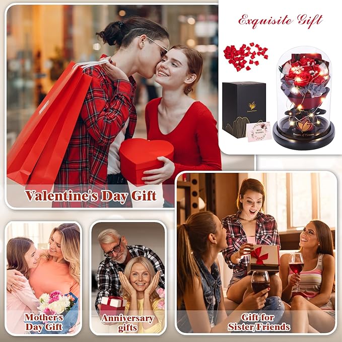 Christmas Rose Gifts for Women Birthday Gifts,Beauty and the Beast Rose in Glass Dome with 2 Light Modes, Enchanted rose Flower Roses Bouquets Christmas Women Gifts for Mom Wife Girlfriend Sister