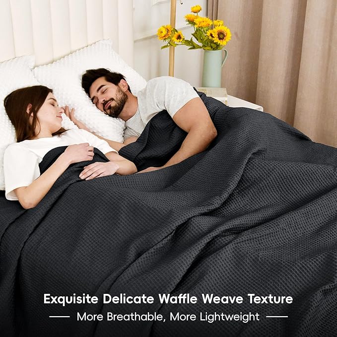 PHF 100% Cotton Waffle Weave Throw Blanket 50" x 60" - Lightweight Washed Soft Breathable for Adults and Kids - Perfect Layer for Couch Bed Sofa - Elegant Home Decoration Gift - Black