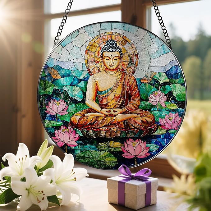 8-Inch Buddha Stained Glass Suncatcher & Ornament, Stained Glass Window Hanging, Sun Catcher Window Decor, Namaste Decor â Gifts for Buddhist & Yoga Lover, Gifts for Christmas, Birthday & Housewarming