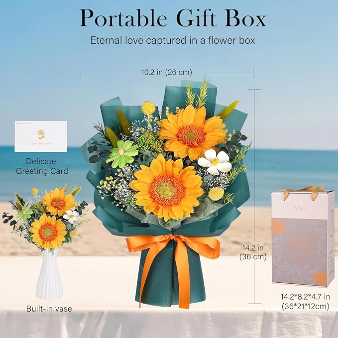 Preserved Sunflower Bouquet - Forever Flowers for Delivery, Green Flower That Last 3 Years, Eternal flowers Bouquet for Her Mother Mom Wife Friends Birthday Sunflower Gifts for Women