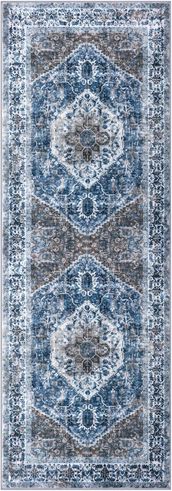 KOZYFLY Runners for Hallways 3x8 Ft Washable Kitchen Runner Rug Boho Runner Rug for Entryway Indoor Blue Printed Oriental Faux Wool Floor Carpet Runner for Bedroom Kitchen Hall