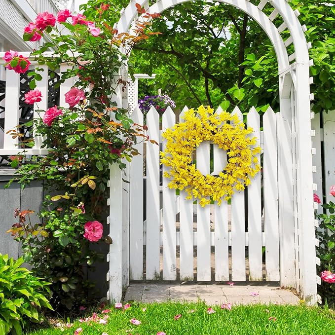 Huashen Spring Wreaths for Front Door, 24 Inch Yellow Forsythia Spring Door Wreath, Farmhouse Spring Door Wreaths on Grapevine for Celebration Wall Window Decoration Hanging