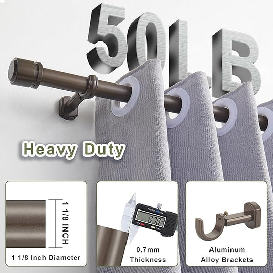 1 1/8 Inch Diameter Curtain Rods 72 to 144 Inches(6-12ft), Telescoping Heavy Duty Large Drapery Rod with Adjustable Aluminum Alloy Bracket, Solid End Caps for Windows Patio Decoration, Dark Bronze