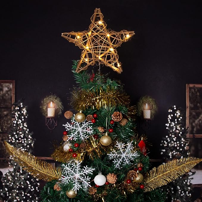 LAWOHO Christmas Tree Topper Star, 10-inch Rustic Brown Rattan Natural with 10 Warm White Lights Three Functions with Timer, Seasonal Decoration for Festive Christmas Home Indoor Ornament