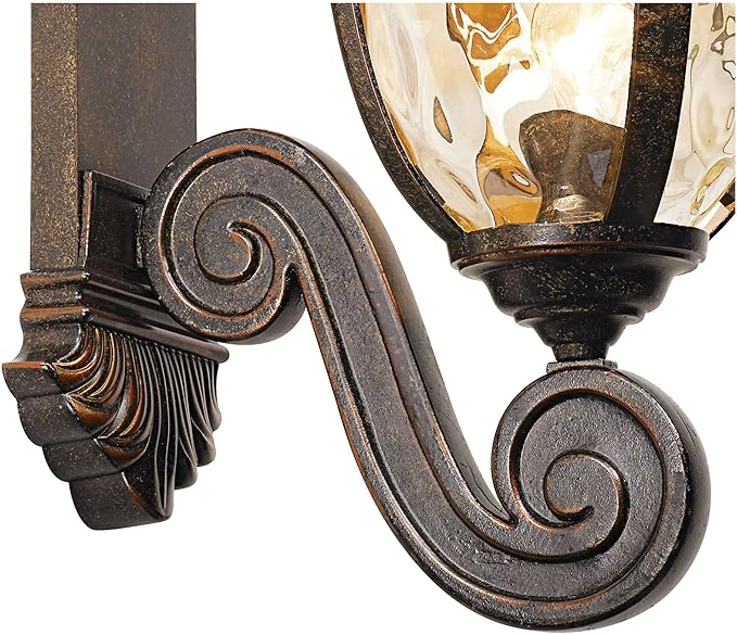 John Timberland Bellagio European Outdoor Wall Light Fixture Bronze Scroll 24" Champagne Hammered Glass Decor for Exterior House Porch Patio Outside Deck Garage Yard Front Door Garden Home