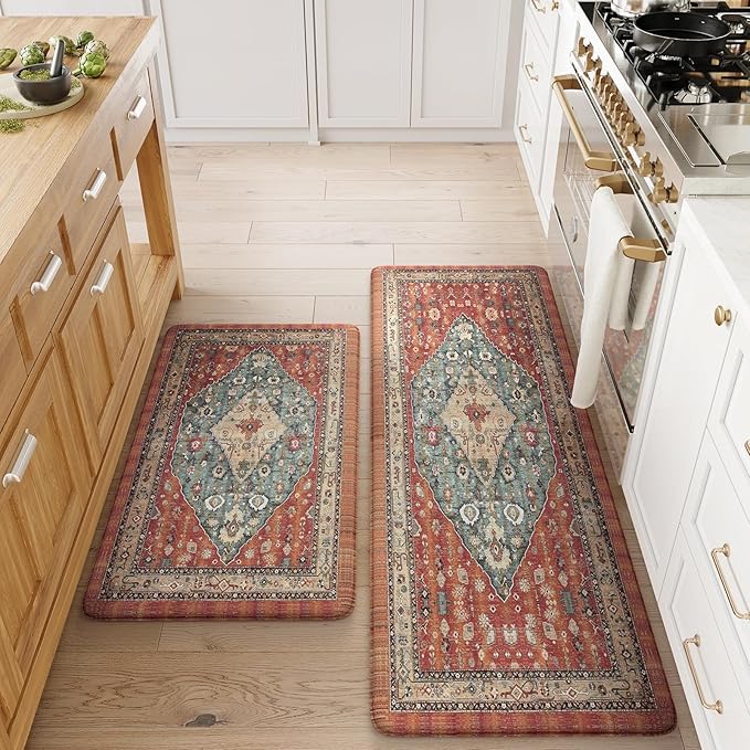 Collive Boho Kitchen Mats for Floor, Kitchen Mats Cushioned Anti Fatigue Waterproof Kitchen Rugs Sets of 2 Non-Skid Comfort Standing Mat for Kitchen, Office, Sink, Laundry, 20"x32"+20"x48"(Red)