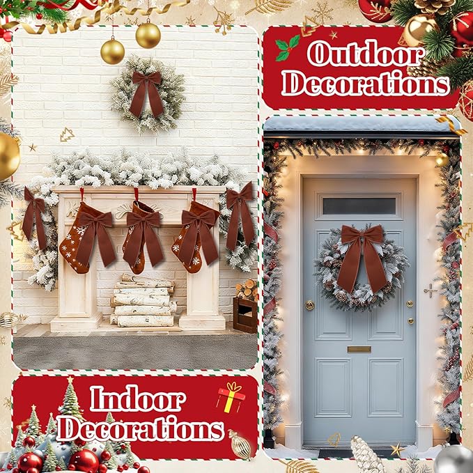 Riceshoot 6 Pcs 10 x 16 Inch Large Bows Valentine's Day Tree Decorations Velvet Ribbon Tree Topper Velvet Wreath Bows with Wired Edge for Valentines Home Fireplace Indoor Outdoor Decor (Brown)