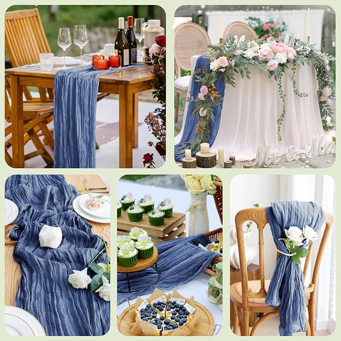 Asee'm 3pcs Cheesecloth Table Runner 120 Inches Long Blue Boho Gauze Cheese Cloth Runner 10FT Rustic Sheer Table Runners for Christmas Wedding Party Baby Shower Spring Easter Decoration
