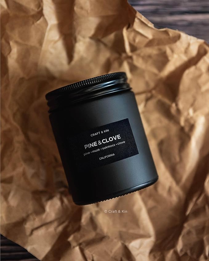 Craft & Kin Premium Pine & Clove Candle | Black Christmas Scented Candles for Home | Christmas Tree Candle | Long Lasting with 45 Hour Burn Time, 7.6oz | Soy Holiday Candles | Aromatherapy at Home