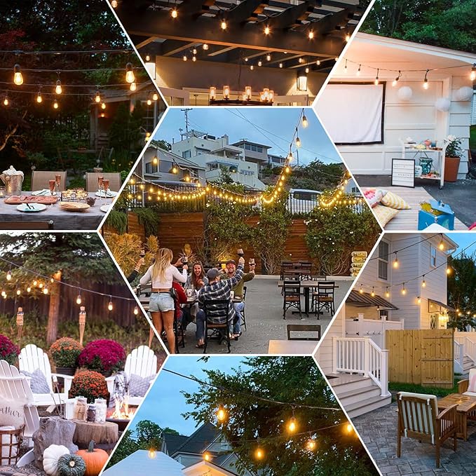 GANA Outdoor String Lights for Patio 48FT 2200K 12V Safety Voltage, LEDs with High CIR, 15 E26 Hanging Sockets, Shatterproof S14 Plastic Bulbs, IP65 Waterproof for Garden, Terrace, Outside