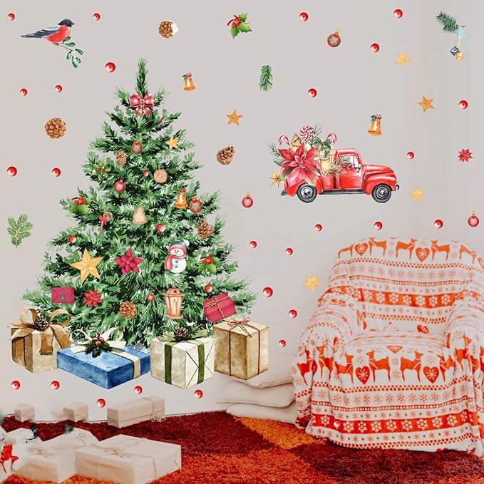 Large Christmas Tree Wall Decals Merry Christmas Wall Stickers Christmas Truck Wall Decals Peel and Stick,Watercolor Pine Tree Stickers for Window Decor Living Room Kids Room Gift Xmas Party Supplies