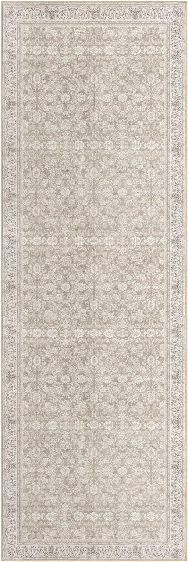 3x8 Washable Runner Rug for Kitchen, Cream Beige White Grey Soft Classic Runner with Non-Slip, Non-Shedding Distressed Floral Rug for Hallways Entryway Bedroom Laundry Indoor