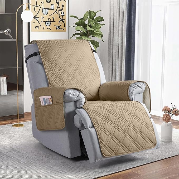 TAOCOCO Waterproof Recliner Chair Covers 30 Inch Wide, Oversized Recliner Covers for Recliner Chair with Pocket, Recliner Slipcovers with Straps Furniture Protector for Kids Pets (30'', Camel)
