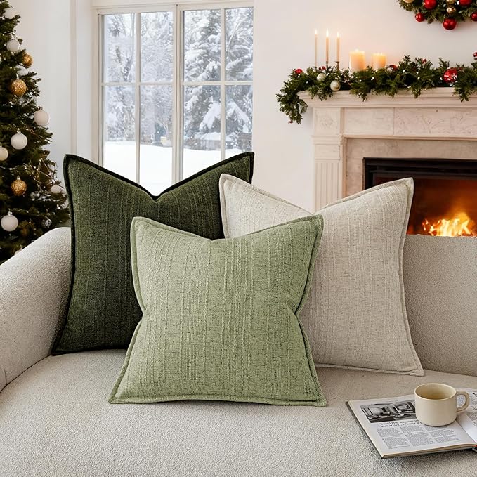 a moment Linen Pillow Covers Set of 2,Boho Farmhouse Throw Pillowcases Neutral Textured Decorative Covers for Couch Sofa,Soft Linen Blend Accent Case Cushion Home Decor 24"x24"Seeding Green