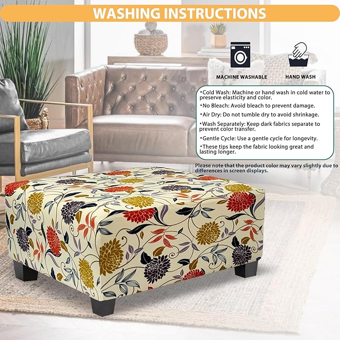 Ottoman Cover Rectangle Printed,Stretch Footstool Slipcover with Elastic Bottom,Soft Fabric Protector for Rectangular Ottoman in Living Room or Bedroom,Medium,Flower B