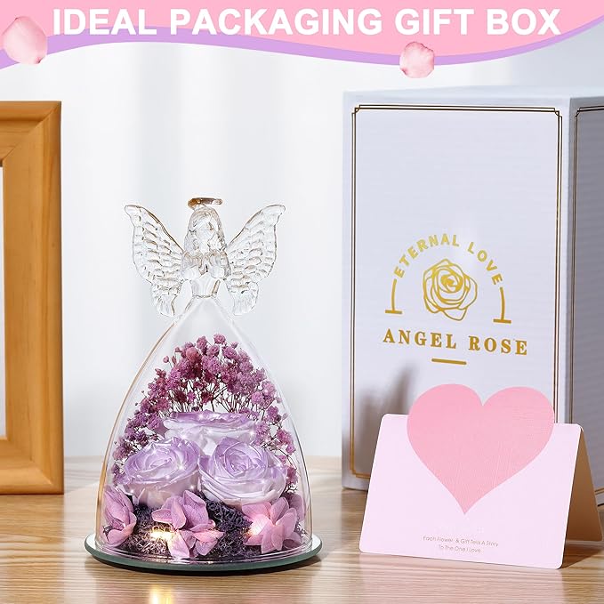 Christmas Rose Gifts for Women Preserved Real Flower in Glass Angel Figurines Roses for Delivery Prime Birthday Gifts for Mom Grandma Girlfriend Wife Her, Pearlescent Purple