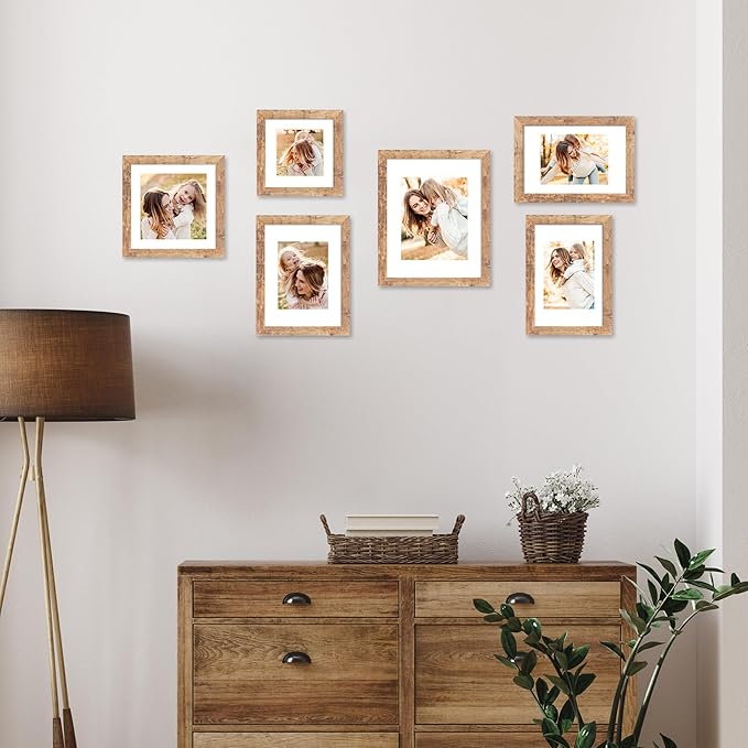 iRahmen 9x12 Picture Frame Set of 4 with Tempered Glass, Rustic Brown Frame Display 6x8 Pictures with Mat or 9 x 12 Without Mat, Wooden 9 x 12 Photo Frame for Wall Mount and Tabletop Display