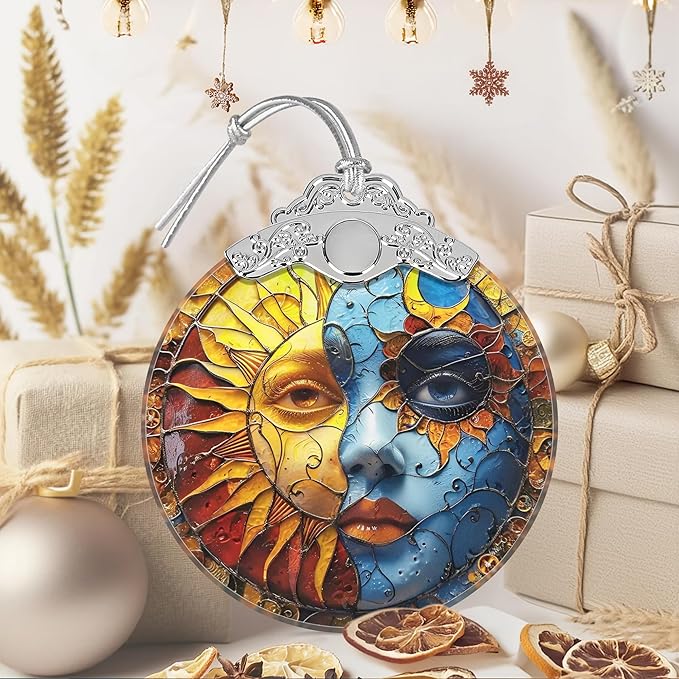 Sun and Moon Ornament, Christmas Ornaments, Christmas Decorations for Tree, Stained Glass Ornament, Heirloom Keepsake, Gift Exchange, Gift Ideas, Bauble Present