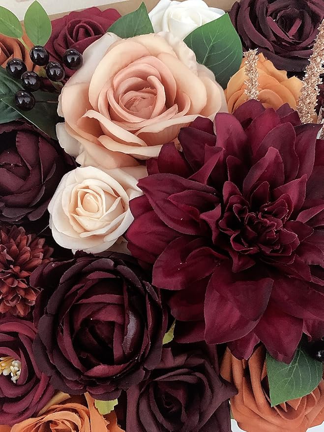 Roses Artificial Flowers Burgundy Bouquet Fake Flower with Stems for DIY Bridal Wedding Shower Decorations Party Table Centerpieces Faux Silk Floral Arrangement for Home Decor Indoor Orange