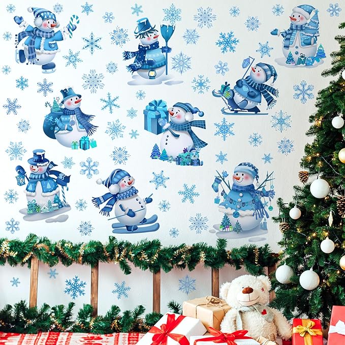 Eersida 65 Pcs Large Winter Wall Decals 6 Sheets Snowman Window Clings Christmas Removable Wall Stickers Blue and White Snowflake Decoration for Home Bedroom Living Room New Year Party Supplies