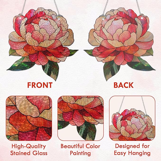 FLAGWIX Christmas Peony Flowers Gifts for Grandma - Stained Glass Window Hanging 10 in - Birthday Gifts for Women Mom, Grandma Gift, Peony Sun Catchers Indoor Window, Suncatchers Christmas Decorations