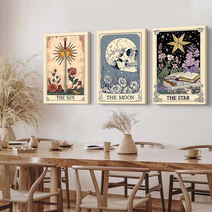 Tarot Card Wall Art Sun Moon Canvas Wall Decor Mystical Astrology Wall Art Boho Celestial Prints Star Skull Poster Tarot Card Picture for Living Room Bedroom 16x24x3 Inch Framed